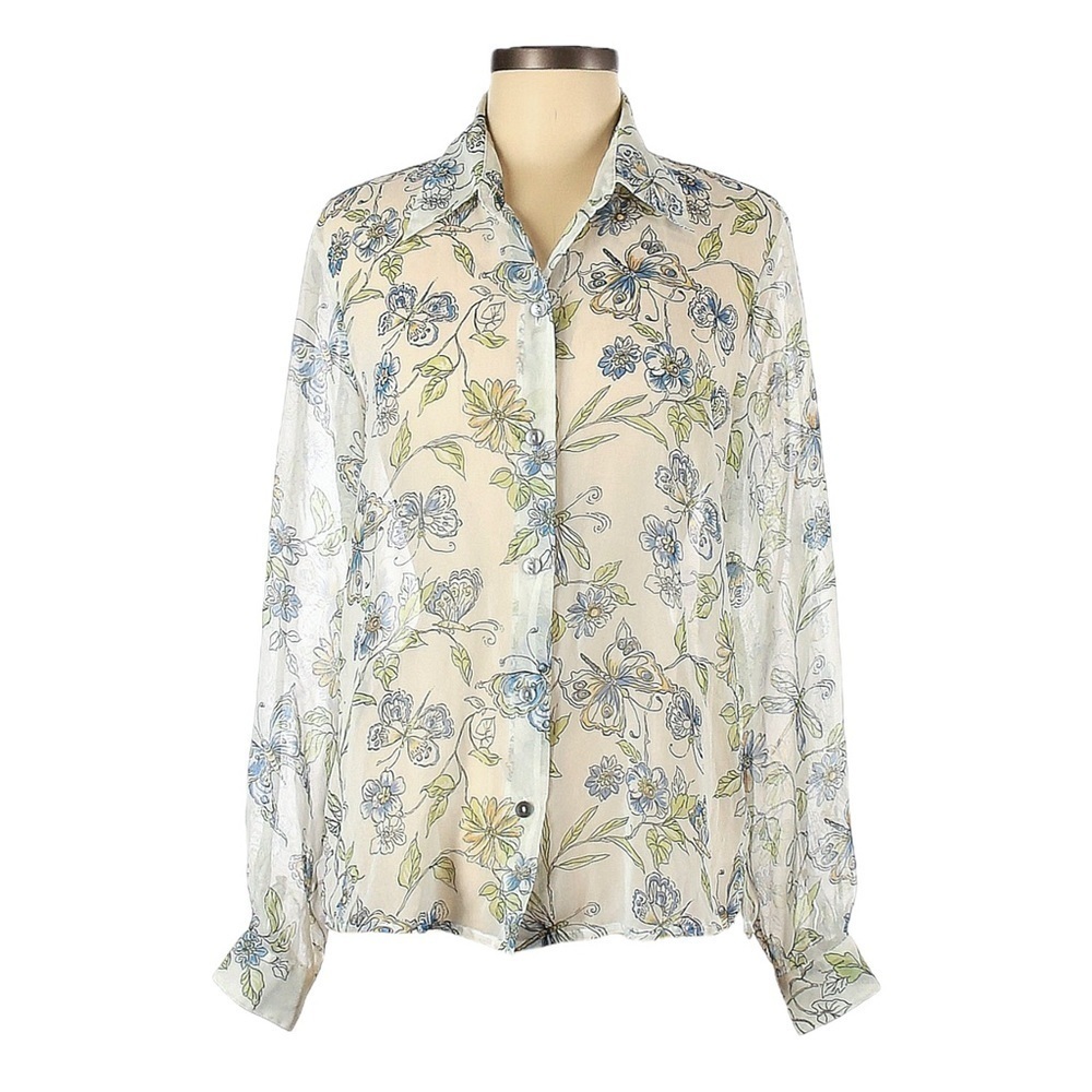 Vintage Jordan Sheer Butterfly Print Button Down Blouse Size M